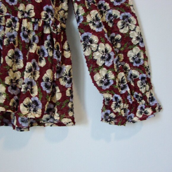 Madewell Pansy Print Blouse Viola Floral V-neck Wine Burgundy Size Medium - Picture 10 of 16